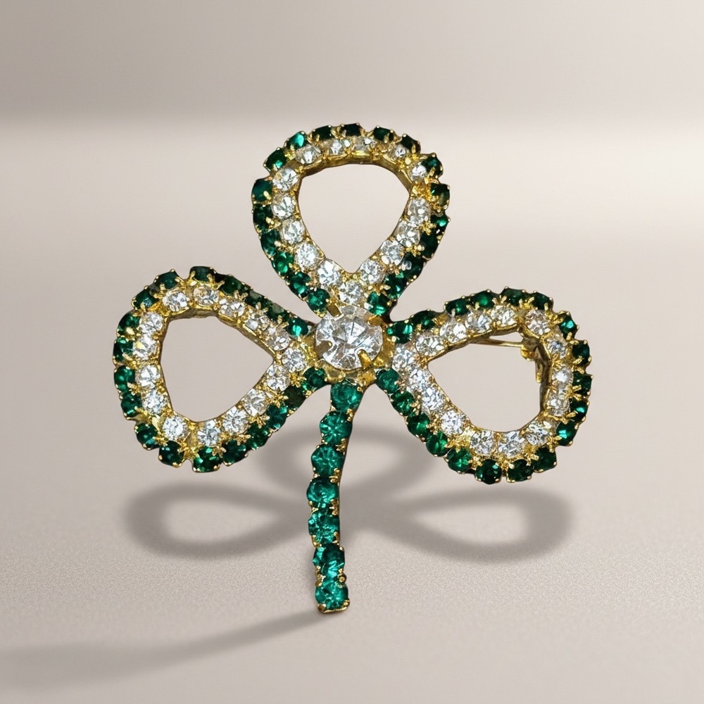 Vintage Rhinestone Shamrock Brooch - Picture 2 of 7